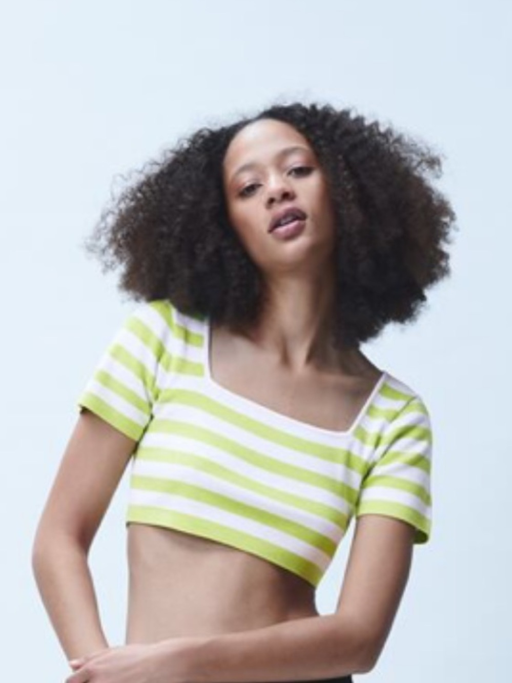 🆕 Zara Neon Green & White Striped Square-Neck Crop Top